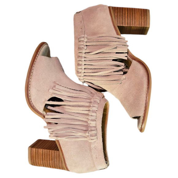 Sbicca Hickory Beige Suede Fringe Trimmed Block Heel Booties Peep Toe Size 8 - Picture 3 of 7